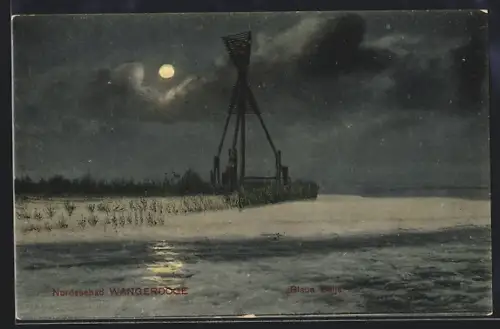 Mondschein-AK Wangerooge, Blaue Balje im Vollmondlicht