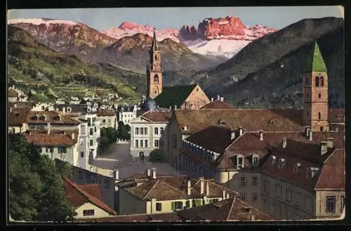 AK Bozen, Ortsansicht mit Schlern und Rosengarten