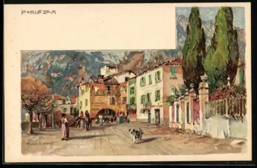 Künstler-AK Manuel Wielandt: Porlezza, Strassenpartie mit einem Gasthaus