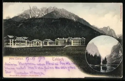 AK Toblach, Hotel Toblach mit Gebirge