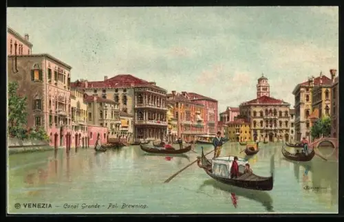 Künstler-Lithographie Venezia, Canal Grande, Palazzo Browning, Gondeln
