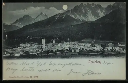Mondschein-AK Innichen, Ortsansicht aus der Vogelschau