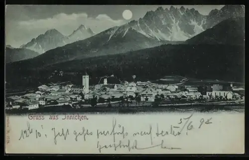 Mondschein-AK Innichen, Ortsansicht mit Bergpanorama