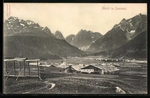 AK Sexten, Moos im Sextental, Panorama mit Gebirgswand