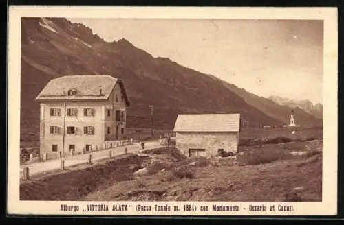 AK Passo Tonale, Albergo Vittoria Alata con Monumento, Ossario al Caduti