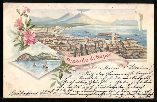 Lithographie Napoli, Ortsansicht mit Hafen und Berge
