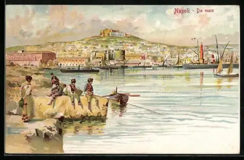Künstler-Lithographie Napoli, Da mare, Angler, Dampfer, Segelboot