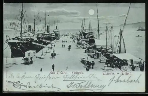 Mondschein-AK Trieste, Molo S. Carlo