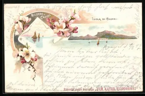Lithographie Capri, Isola, Segelboote, Blumen