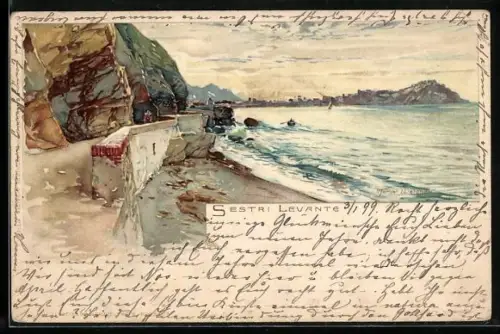 Künstler-Lithographie Manuel Wielandt: Sestri Levante, Blick zum Ort