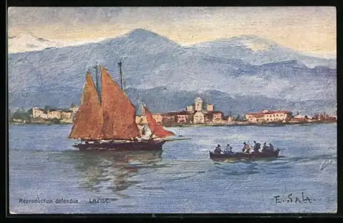 Künstler-AK Lazise, Lago di Garda, Segelschiff
