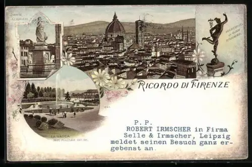 Lithographie Florenz, Blick über Dächer der Stadt zur Santa Maria Kathedrale