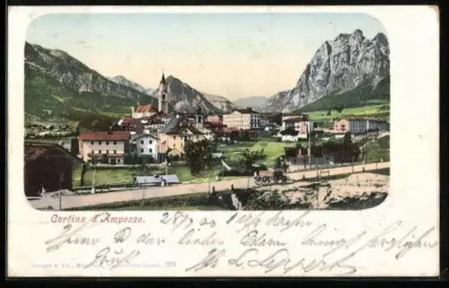 AK Cortina d`Ampezzo, Panorama mit Kirche, um 1900