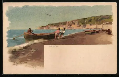 Lithographie Napoli, Mergellina, Männer ziehen ein Boot aus dem Wasser