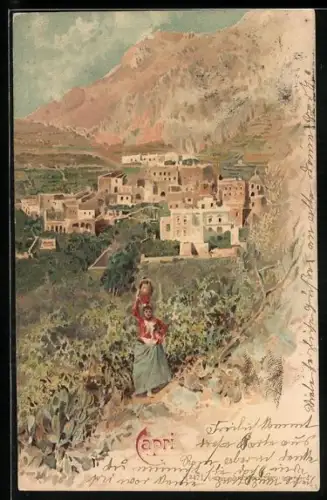 Lithographie Capri, Blick auf den Ort