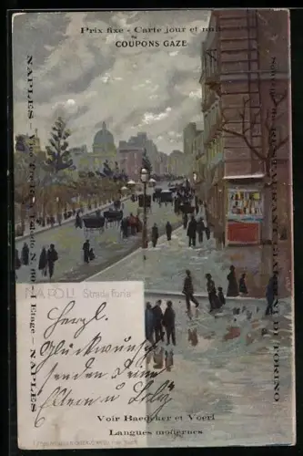 Lithographie Napoli, Strada Foria, Strassenpartie am Abend