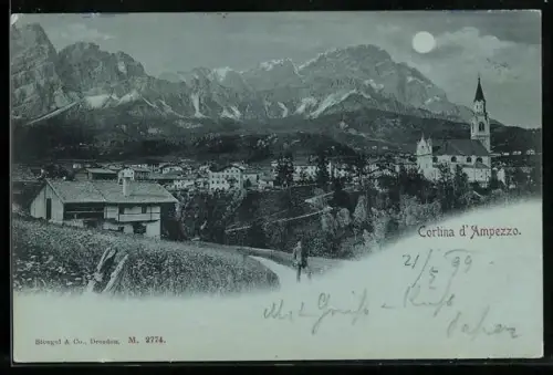 Mondschein-AK Cortina d`Ampezzo, Panorama mit Kirche