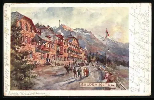 Künstler-AK Edward Theodore Compton: Sulden, Hotel an belebter Strasse mit Blick auf die Berge