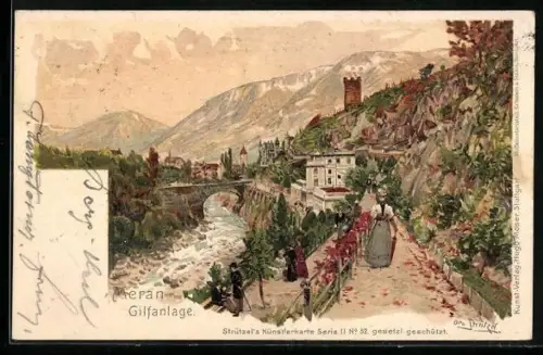 Künstler-AK Otto Strützel: Meran, Blick auf die Gilfanlage