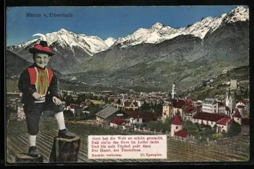 AK Meran-Obermais, Blick auf die Stadt, Junge in Tracht