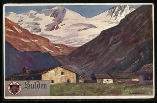 Künstler-AK Sulden, Teilansicht mit Bergen, Deutscher Schulverein