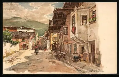 Künstler-AK P. Schmohl: Sterzing, Ortspartie an der Brennerbahn