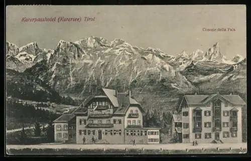 Künstler-AK Karersee, Karerpasshotel & Cimone della Pala