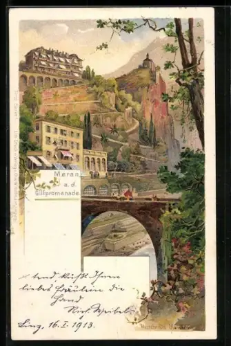 Lithographie Meran, Panorama mit Gilfpromenade