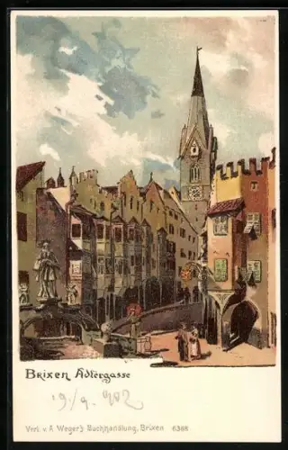 AK Brixen, Adlergasse mit Kirche und Denkmal