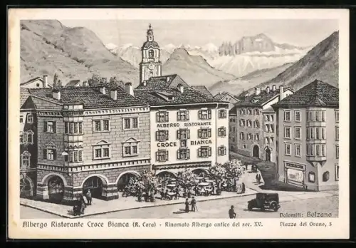 Künstler-AK Bolzano, Albergo Ristorante Croce Bianca, Piazza del Grano, 3