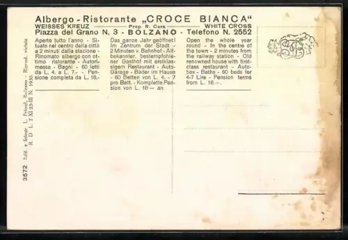 Künstler-AK Bolzano, Albergo Ristorante Croce Bianca, Piazza del Grano, 3