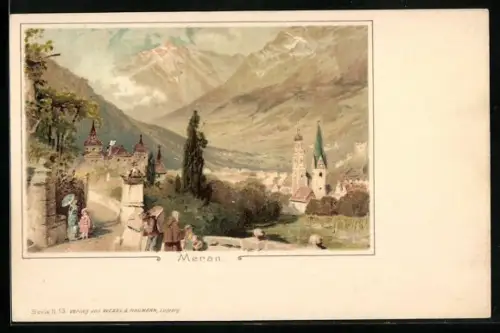 Künstler-AK Meran, Ortsansicht mit dem Hochgebirge