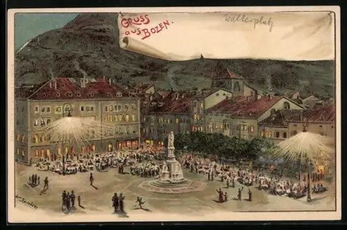 Künstler-AK Erwin Spindler: Bozen, Stadtplatz mit Hotel Greif am Abend