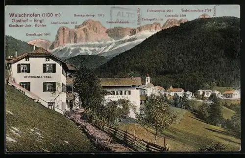 AK Welschnofen, Gasthof Engl mit Blick zum Rosengarten