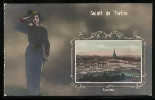 AK Torino, Panorama, Soldatin salutiert, Passepartout