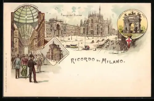 Lithographie Milano, Galleria Vitorio Emanuele, Piazza del Duomo mit Strassenbahn