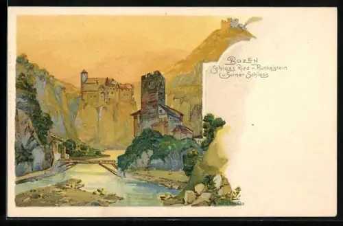 Künstler-AK sign. Hirschmann: Bozen, Schloss Ried mit Runkelstein u. Sarner Schloss