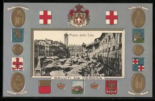 AK Verona, Piazze delle Erbe, Venezia, Monumento Garibaldi, Monumento Colleoni