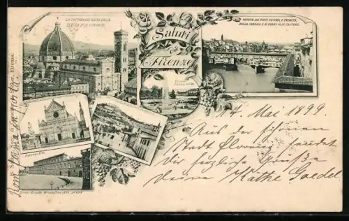 Lithographie Firenze, La Cattedrale vista dalla Cupola di S. Lorenzo, Veduta dei Ponti Vecchio, Palazzo Pitti