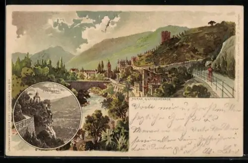 Lithographie Meran, Partie an der Gilfpromenade, Zenoburg