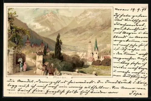 Künstler-AK Meran, Ortsansicht mit dem Hochgebirge