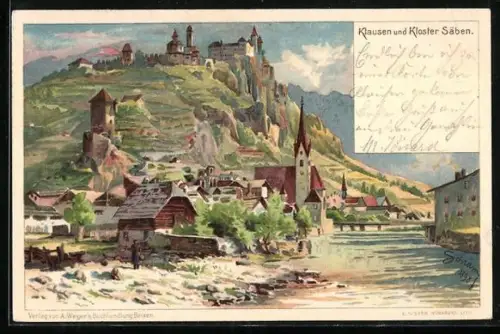 Künstler-AK Klausen, Panorama mit Blick auf Kloster Säben