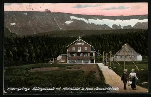 AK Schlingelbaude /Riesengebirge, Schlingebaude u. Prinz-Heinrich-Baude mit Teichränder