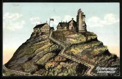 Künstler-AK Schneekoppe /Riesengebirge, Auffahrt zur Schneekoppe