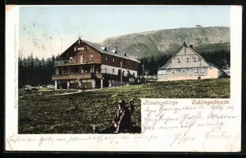 AK Schlingelbaude /Riesengebirge, Wanderer auf der Wiese vor der Hütte