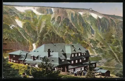 AK Hampelbaude /Riesengebirge, Besucher bei der Baude