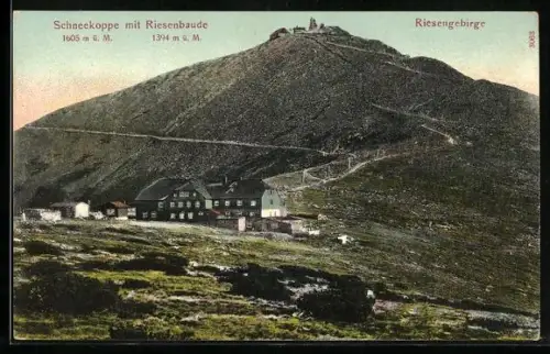 AK Schneekoppe /Riesengebirge, Hütte am Fusse des Bergs