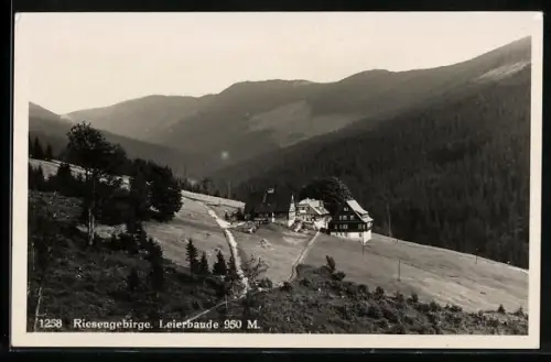 AK Leierbaude /Riesengebirge, Bergpanorama mit Baude