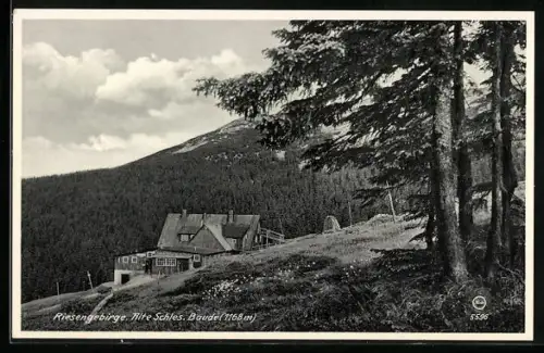 AK Alte Schles. Baude /Riesengebirge, Blick zur Hütte