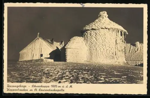 AK Schneekoppe /Riesengebirge, Koppenbauden mit St. Laurentiuskapelle